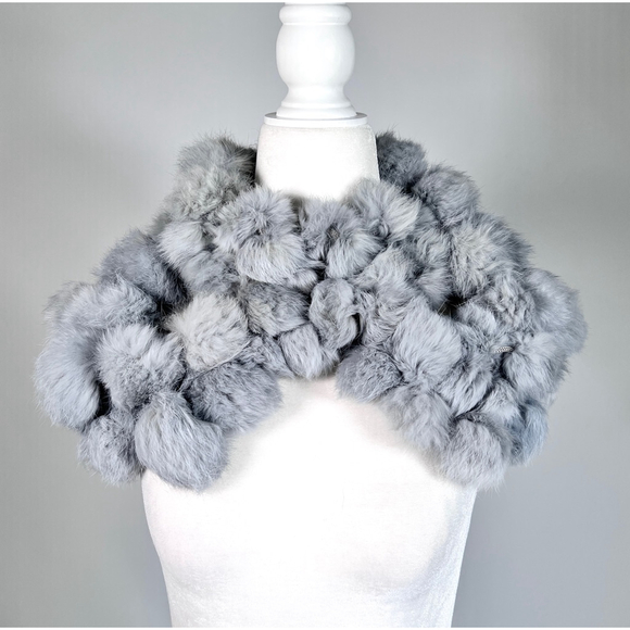 Women's Gray Genuine Fur Pom-Pom Scarf Wrap - Picture 6 of 9